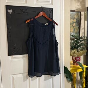 Adiva Navy Sleeveless Embroidered Sheer Blouse